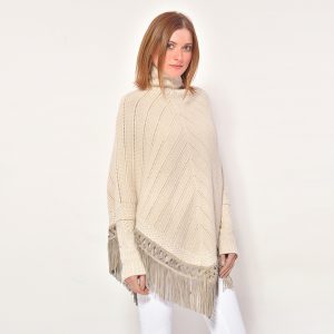 cod. 12/33 – color Sabbia - Cashmere fantasy poncho with fantasy leather fringes