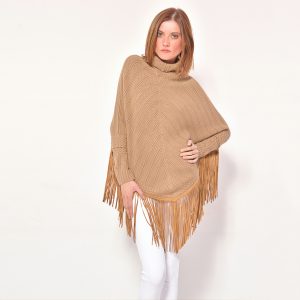 cod. 12/33 – color Camel - Cashmere fantasy poncho with leather fringes