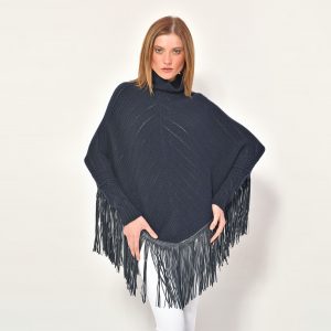 cod. 12/33 – color Marino - Cashmere fantasy poncho with leather fringes