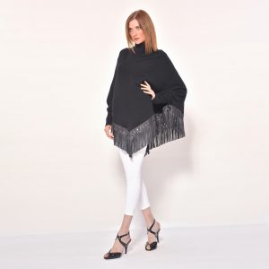 cod. 12/35 – color Black - Cashmere turtle neck poncho with fantasy leather fringes