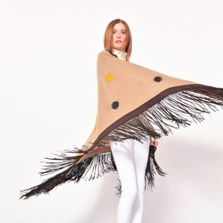 cod. 13/66 – color Camel - Gipsy rimmed cashmere shawl with polka dots and leather fringes