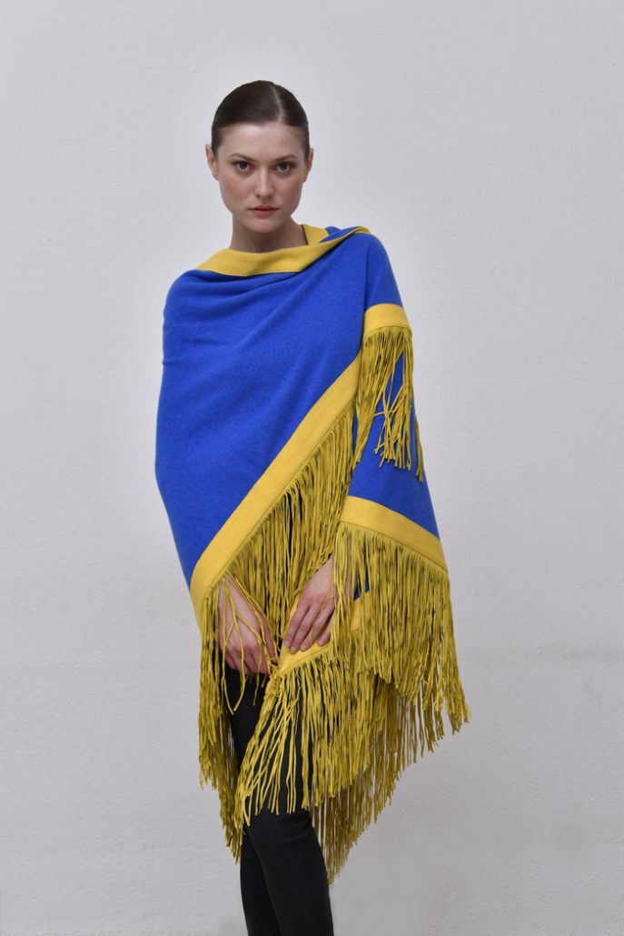 Cod .13/54 - color Royal/Sole – Rimmed cashmere shawl with suede fringes